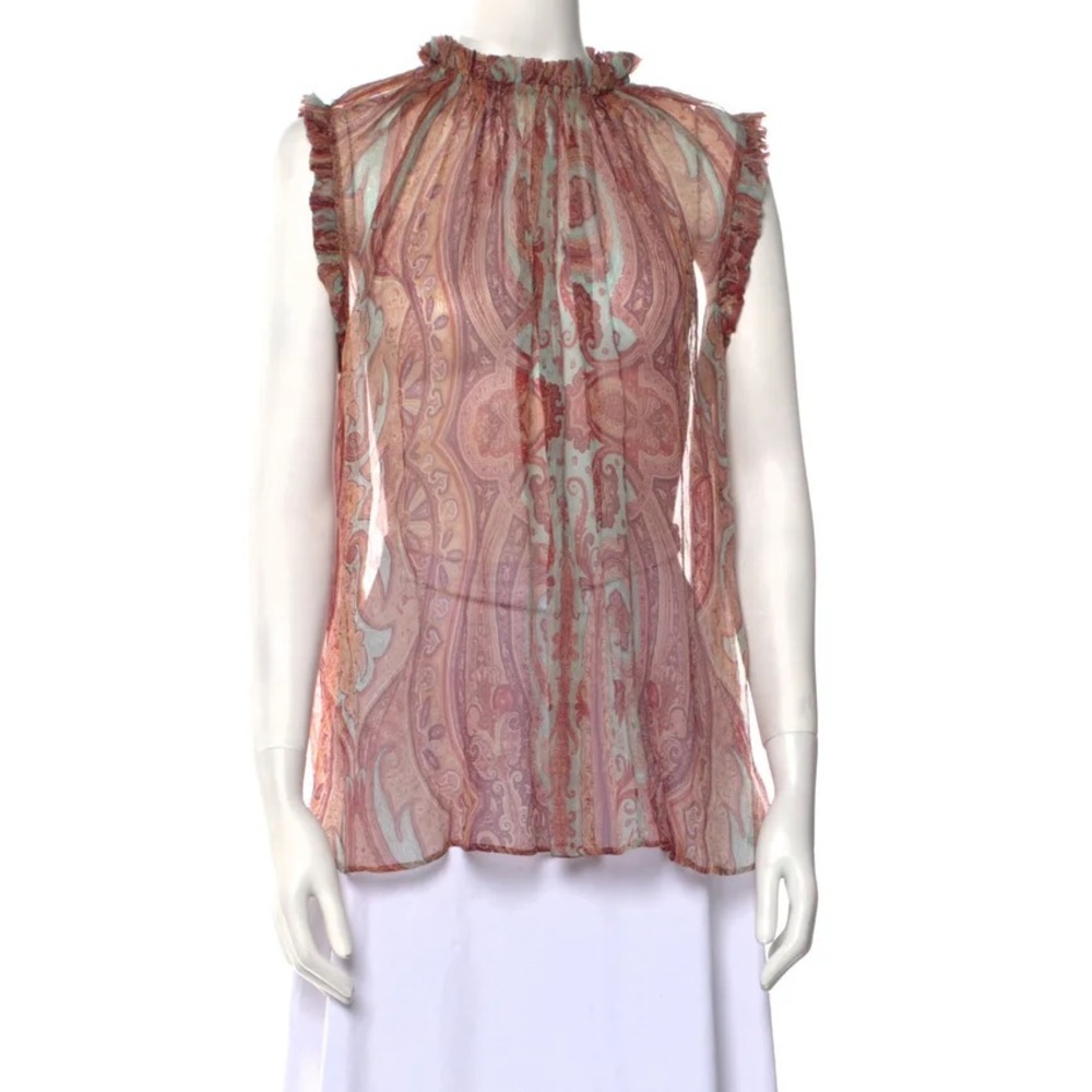 Zimmermann Silk Blouse Red Paisley Print Ruffle Sleeveless with Mock Neck